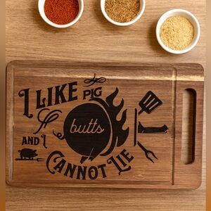 2/$50 BBQ Pig Butts Engraved Cutting Board – Acacia Wood 12” x 8”